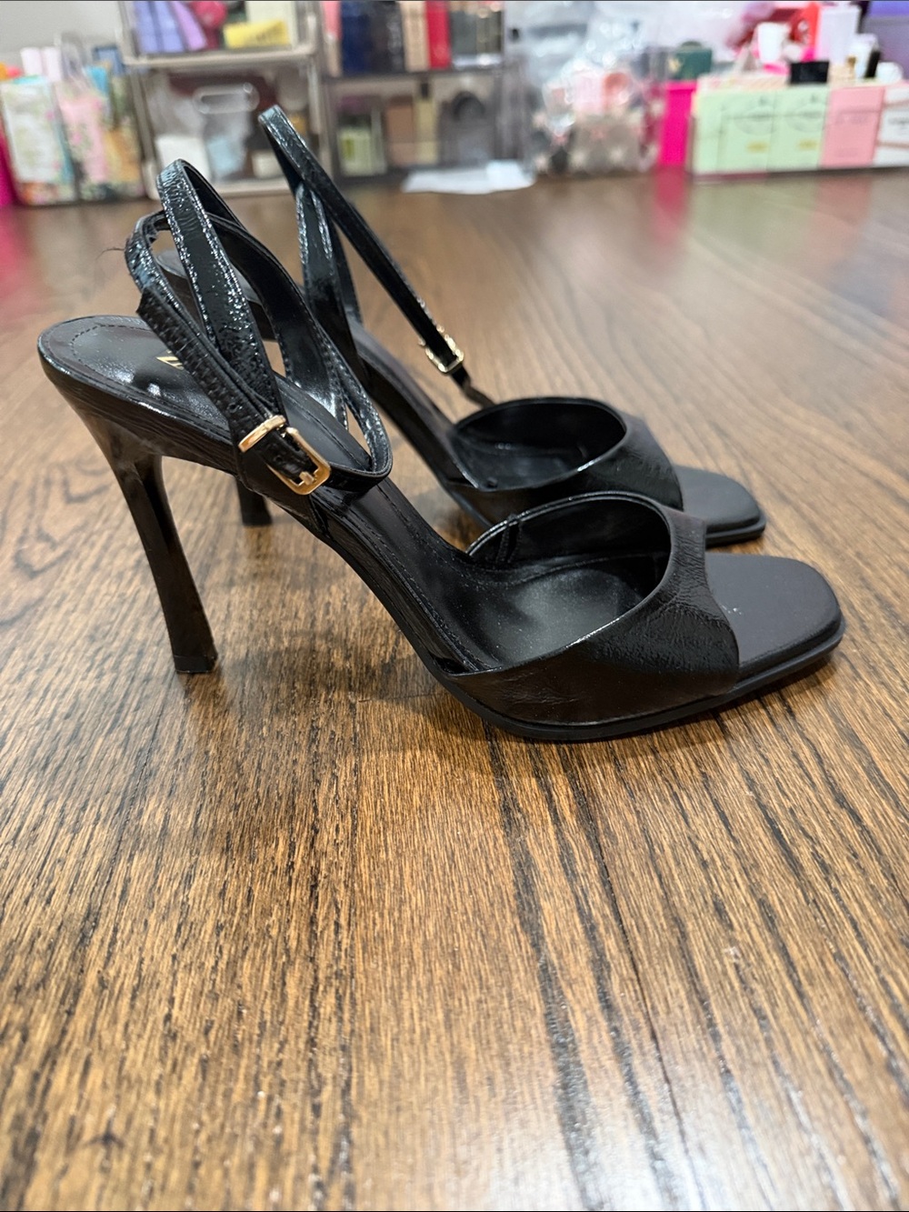 Zara Black Patent High Heel Slingback Sandals